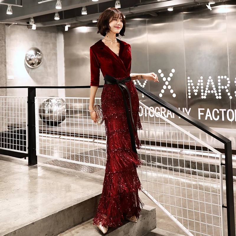 weiyin 2019 Velvet Evening Dresses Long Mermaid V-Neck Formal Dress Sequined Abendkleider Women robe de soiree longue WY1259
