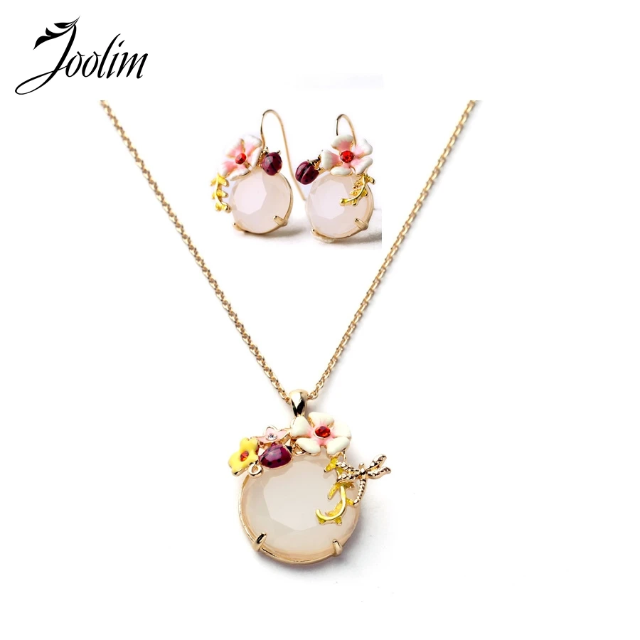 JOOLIM High END Romantic Enamel Flower Pendant Necklace Earring Jewelry Set Spring Necklace