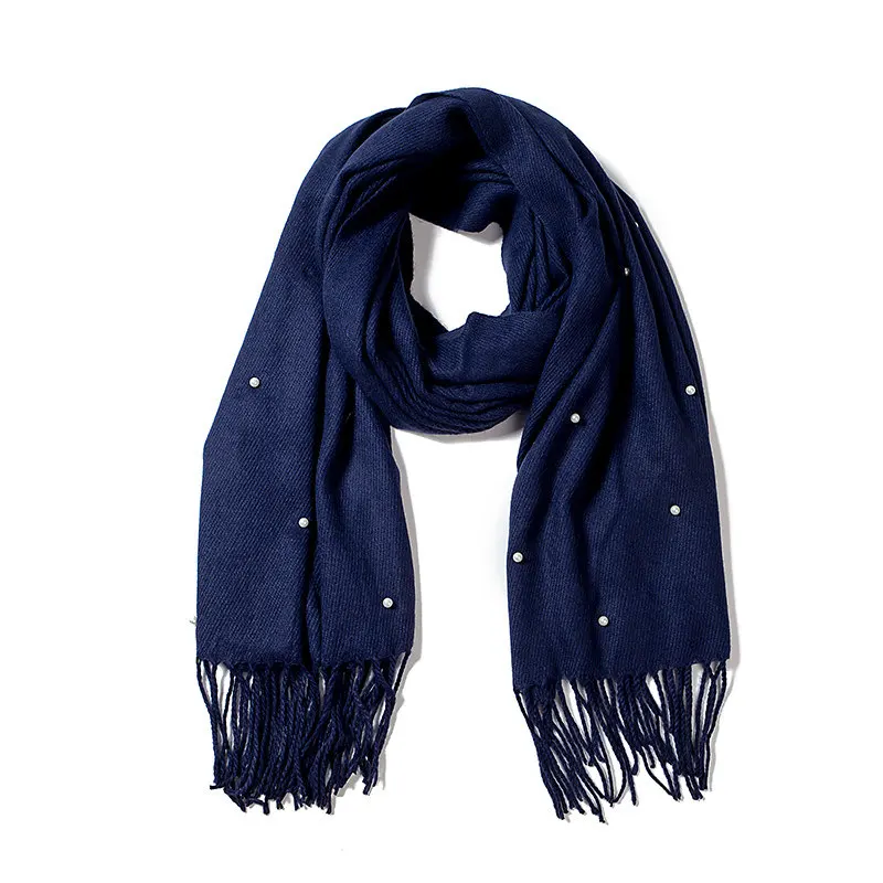Женский модный шарф, жемчужный дизайн, однотонные кашемировые шарфы с кисточками, женский зимний толстый теплый шарф, высокое качество, Женская шаль - Цвет: Navy Blue