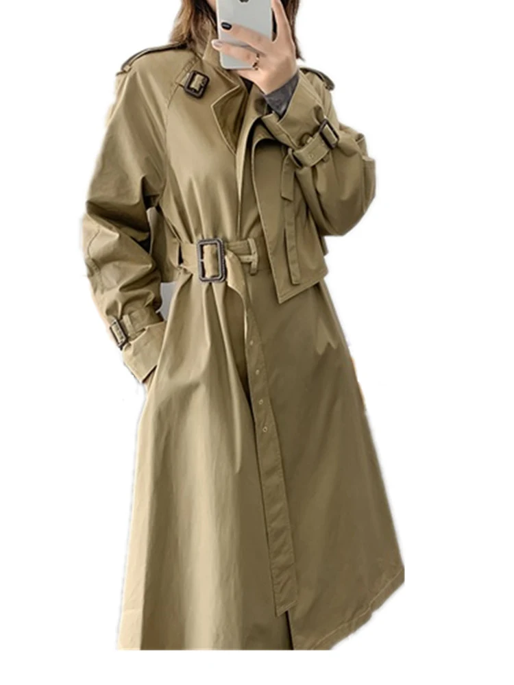 Новинка, корейский стиль, осень/весна, женское модное винтажное длинное пальто трапециевидной формы с поясом, Женское пальто, манто для женщин - Цвет: Хаки