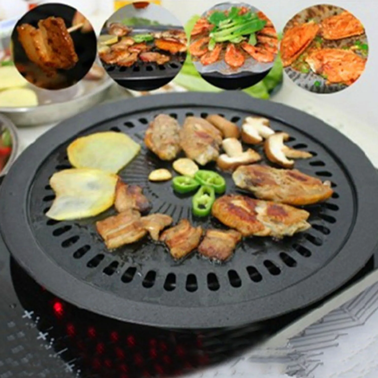 

Behogar Smokeless Charcoal Nonstick Stovetop Barbecue Grill Pan for Indoor Outdoor Kitchen Cooking BBQ Roasting Tool