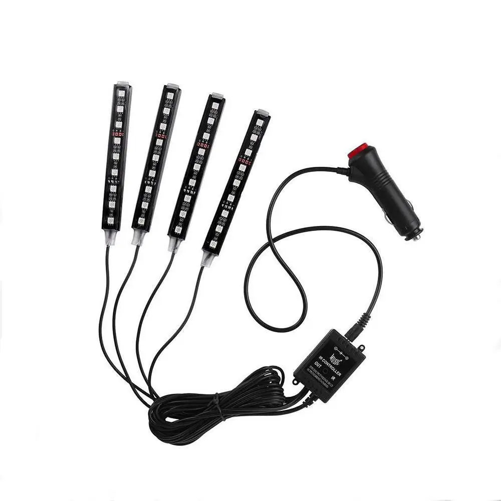 4 шт. 12 светодиодный неоновый светильник для салона автомобиля с полоской управления музыкой+ ИК-пульт дистанционного управления, декоративный светильник для автомобиля, беспроводной пульт дистанционного управления