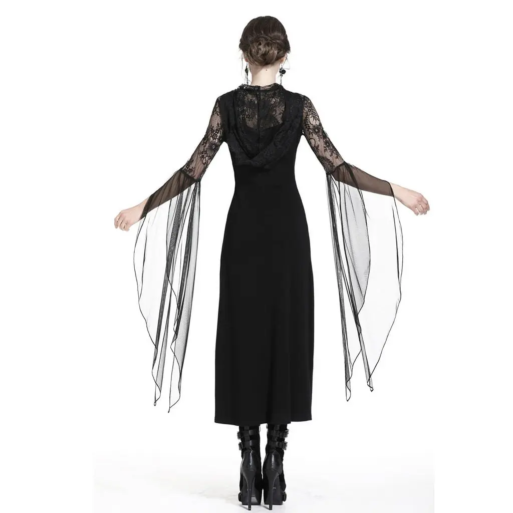 Darkinlove, женское длинное готическое платье, модное, с выемкой, сексуальное, кружевное, вечернее, для вечеринки, платье на Хэллоуин, ведьмы, с капюшоном, длинное платье