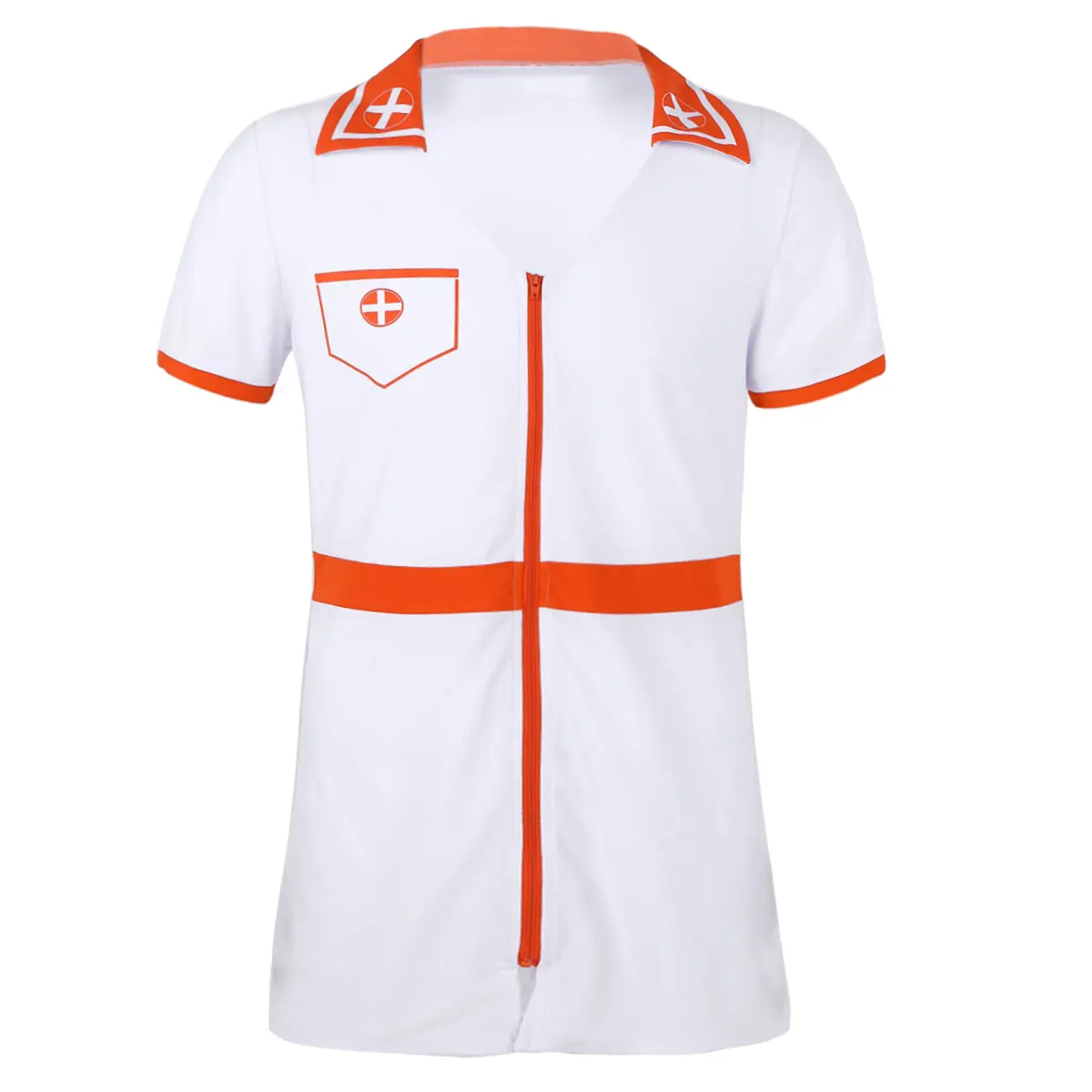 TiaoBug Short Sleeve V Neck Zippered Medical Nurse Doctor Men Funny Costume Uniform Adult Novelty Crossdressing Mini Fancy Dress - Цвет: White