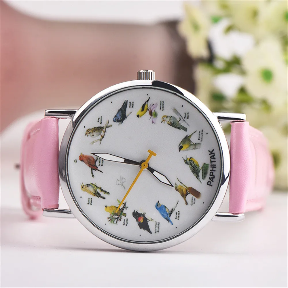 Лидирующий бренд, роскошные часы для женщин, цветок, птица, серебряный циферблат, кожа, креативное платье, наручные часы, повседневные женские кварцевые часы
