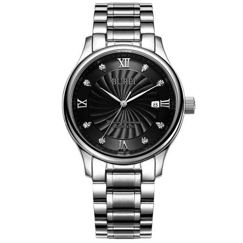 Montre Homme BUREI часы люксовый бренд мужские водонепроницаемые механические Автоматические наручные часы мужские часов Relogio Masculino - Цвет: SSilverBlack