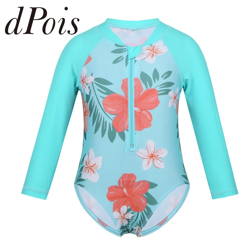 dPois Kids Girls Floral Printed Rash Guard Swim Jumpsuit with Skater Skirt Swimwear Summer Surf Set