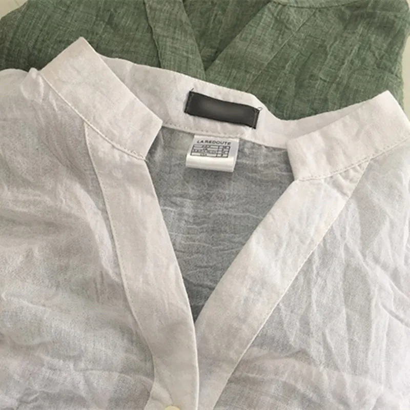 Женская льняная рубашка с коротким рукавом 2015 и воротником стойкой|shirt female|shirt
