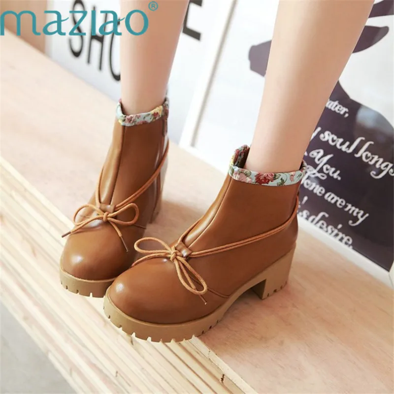 

Platform Ankle Boots for Women New Round Toe High Heel Lace Up Martin Boots Side Zip Butterfly-knot Patchwork MAZIAO