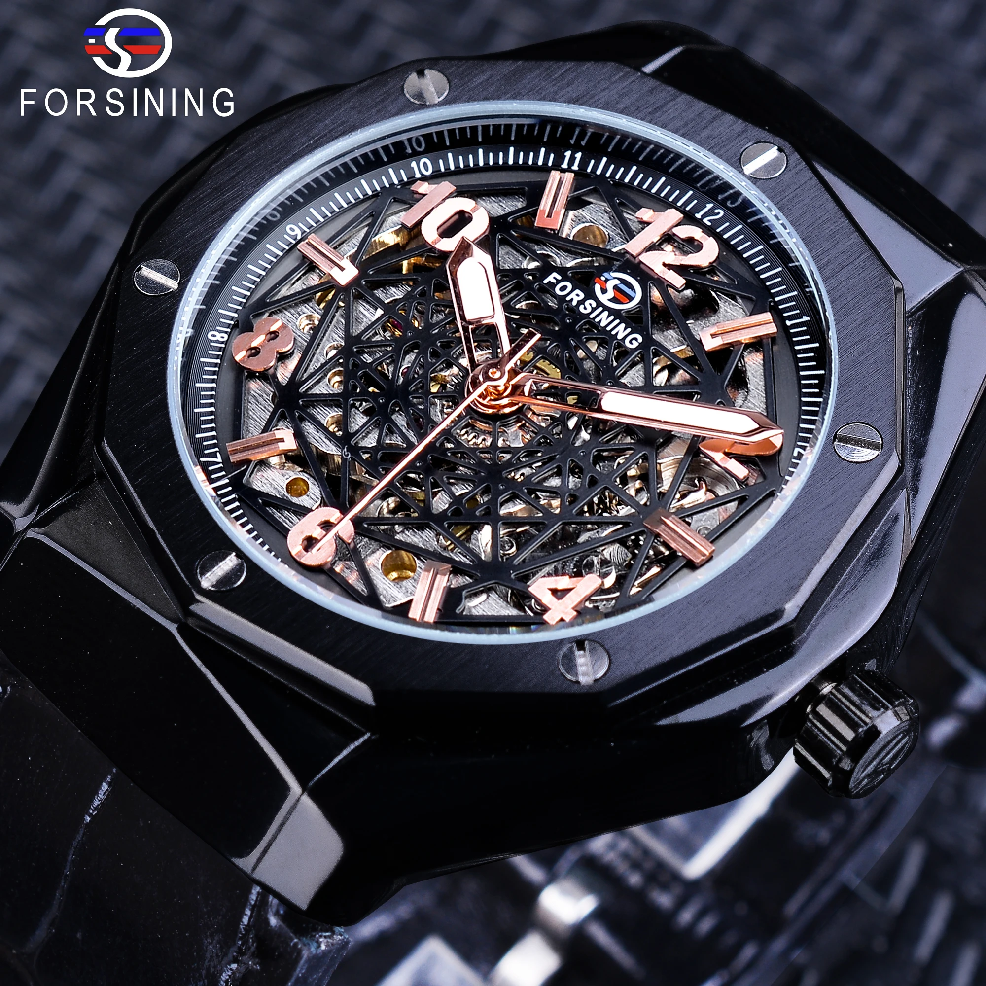 

Forsining Irregular Shape Clock Male 2019 Rose Golden Design Luminous Hands Automatic Watches for Men Black Genuine Leather