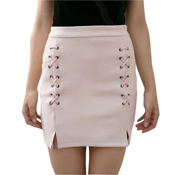 

Saiqigui Spring Autumn suede Lace Up Bandage High Waist sexy Party Pencil Short Mini Skirt Ladies Brief Solid Daily women skirts
