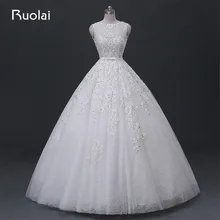 Real Picture High Quality Ball Gown Wedding Dresses 2017 Scoop Applique Beaded Lace Bridal Gown Vestido de Noiva FW96