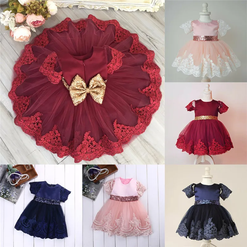 Популярное милое кружевное платье принцессы с цветочным бантом для маленьких девочек