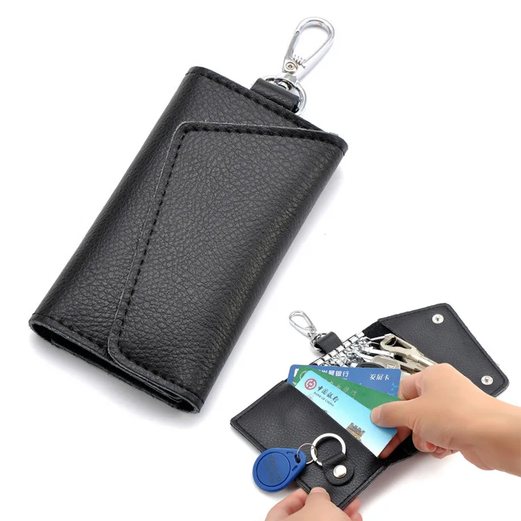

Genuine Leather Solid Candy Color Key Housekeeper Wallet Metal Collar Shape Small Card Key Bag Custom name logo