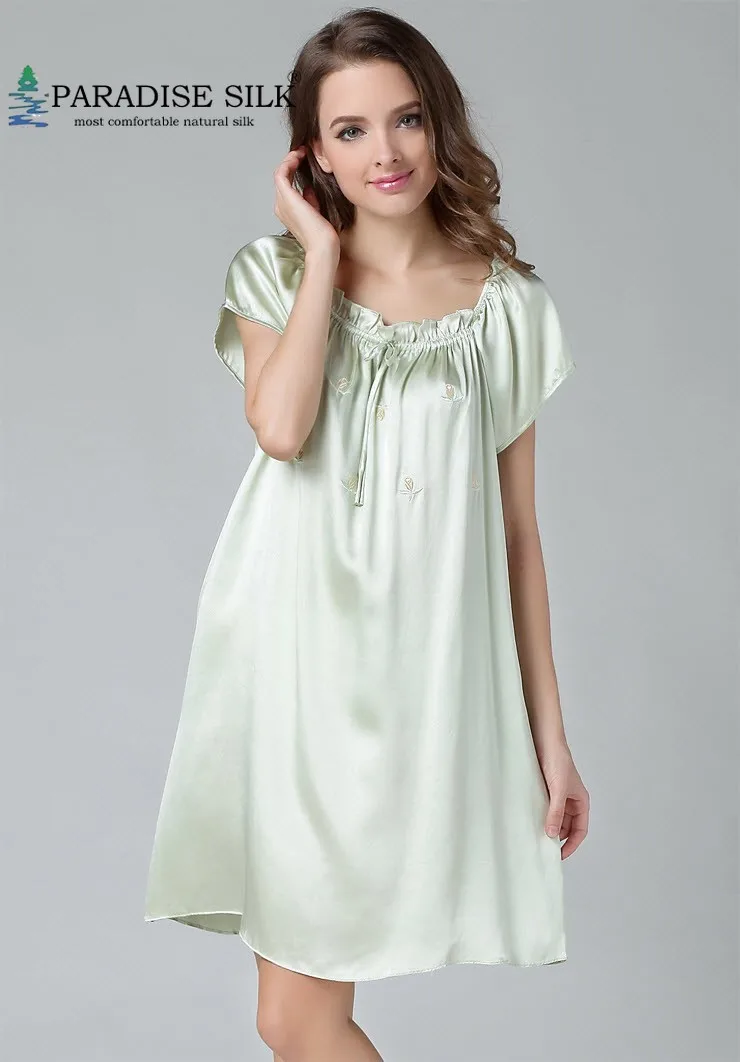 

Women Chemise 8 Colors 100% Pure Silk Short Sleeves Floral embroidery Sleepwear One Size
