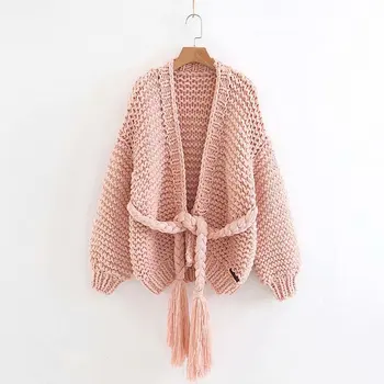 

Autumn winter 2018 thick sweater Women Puff Sleeve Textured Knit Cardigan Belted Hand Knitted Cardigan women pull femme cardigan