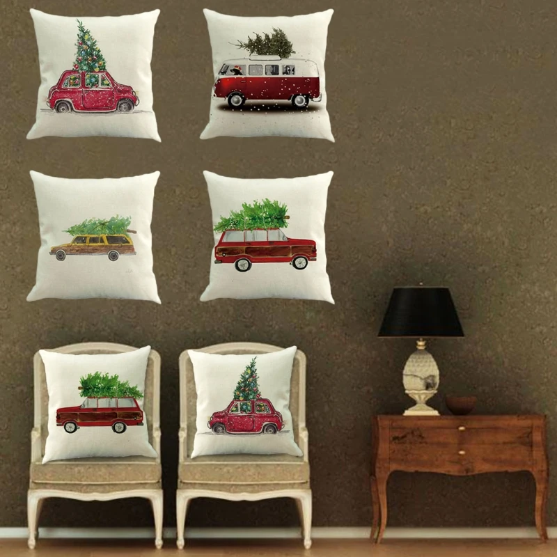 

Christmas Fancy Car Printed Square Pillowcase Flax Cushion Cover Home Sofa Car Decor 45x45cm
