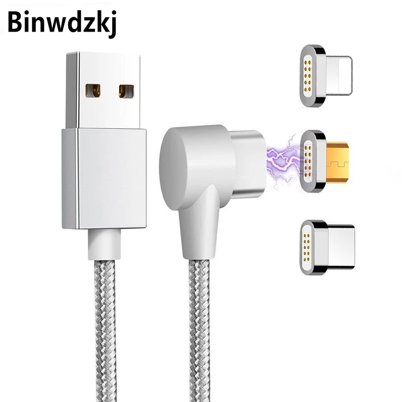 90 градусов прямоугольный usb type C/IOS/Micro USB 3 в 1 Магнитный зарядный кабель быстрое зарядное устройство нейлоновый Плетеный Магнитный зарядный кабель