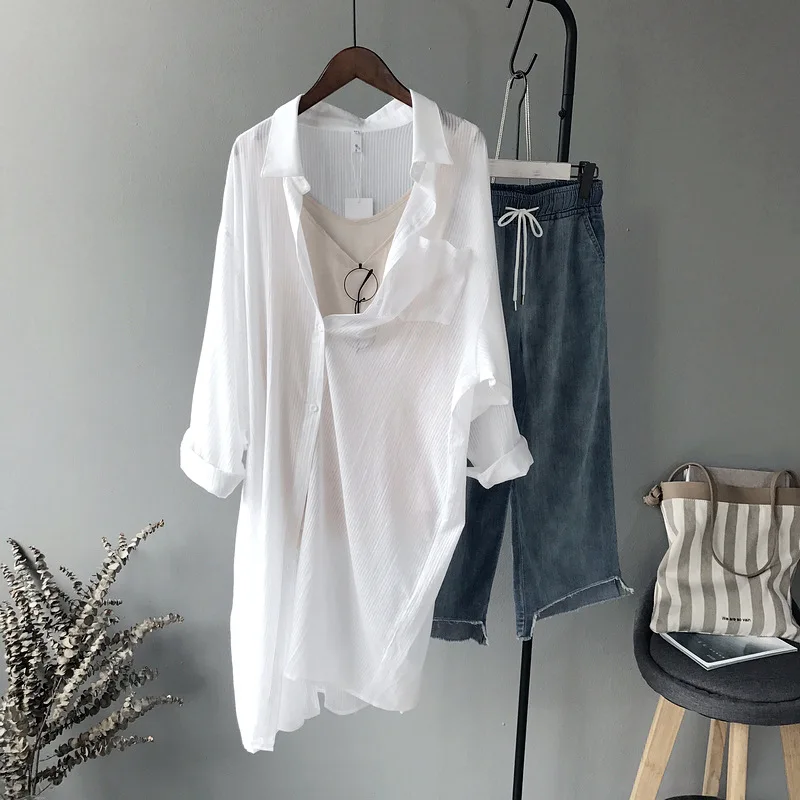 Spring and summer new style Korean women's long-sleeved BF shirt Long solid color blouse