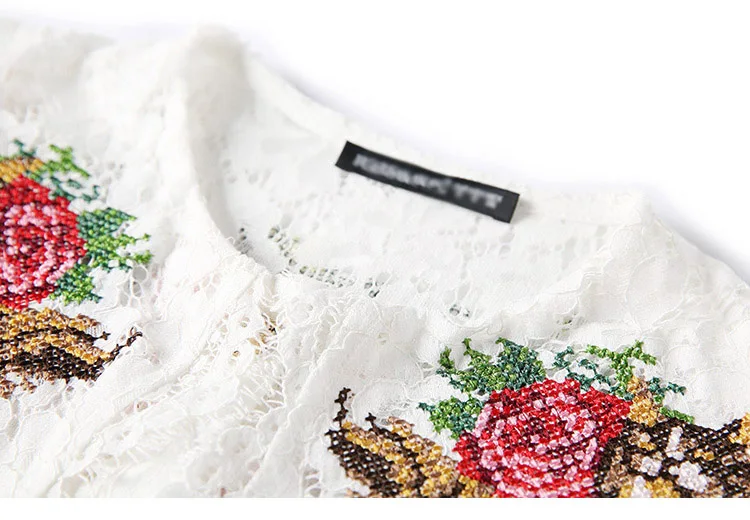Ruffle Cuff Flower Embroidery White Lace Shirt Blouse Women (5)