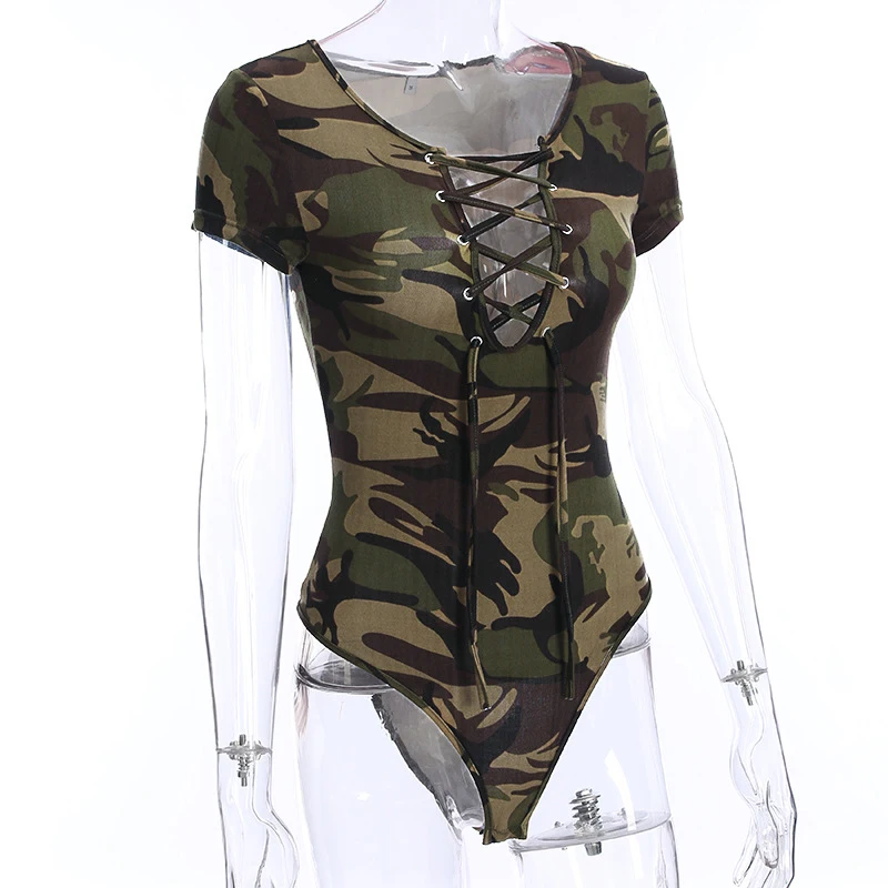 Women Bodysuits 2018 Cross Bandage Camouflage Bodysuit Summer Short