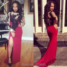 Sexy Hohe Ausschnitt Langarm Prom Kleider mit Schwarz Spitze Appliqued Seitenschlitz Formale Abendkleider 2015