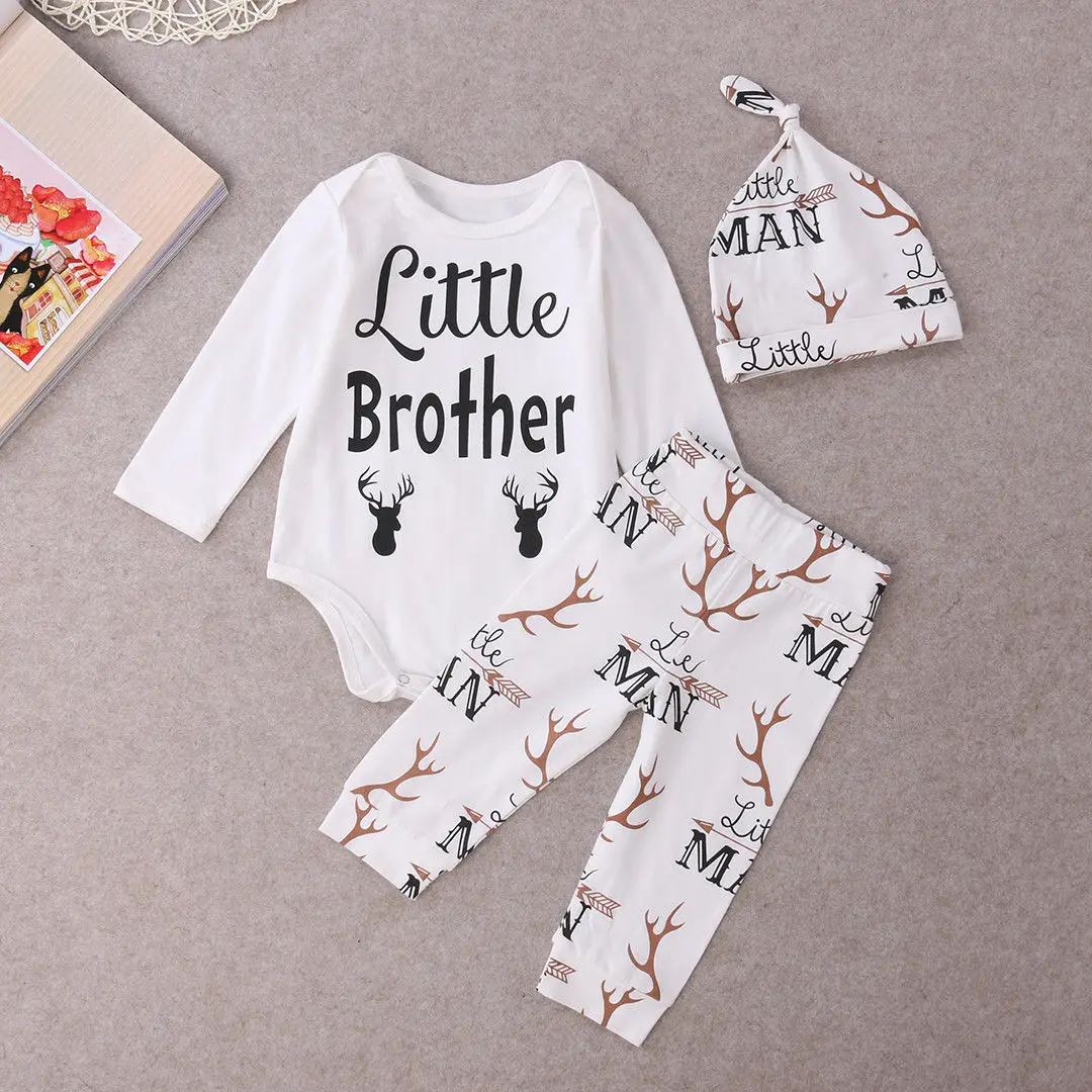 

Newborn Baby Boys Deer Clothing Little Brother Long Sleeve Top Bodysuit Romper Cotton Pants Leggings Hat 3PCS Outfit Set 0-18M