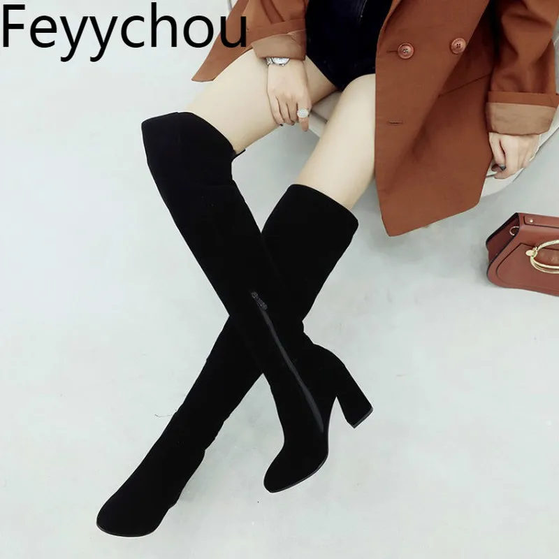 

Women Boots Autumn Winter Super High Heel Warm Flock Round Toe Zip Over The Knee Plush 2018 New Sexy Fashion Black Size 34-43