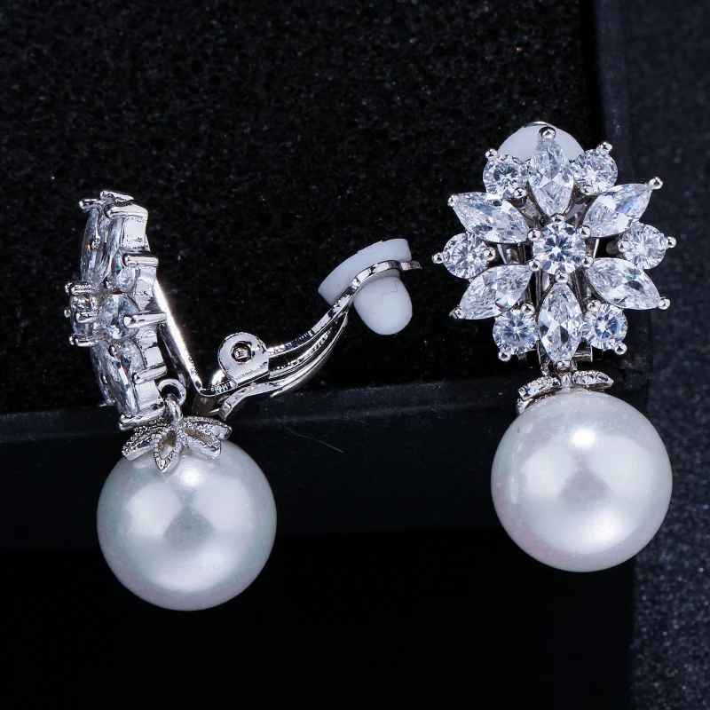 CWWZircons Designer CZ Crystal Flower Pearl No Hole Earrings for Women Fashion Jewelry Ear Clip On Non Pierced Earring CZ408 4