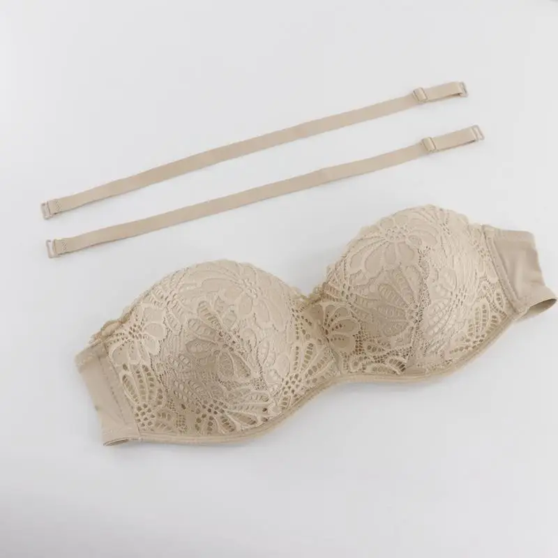 Women Lace Push Up Bra Strapless Invisible Padded Bralette Sexy Half Cup Underwear Intimates Large Size 90-105B - Цвет: Skin Color