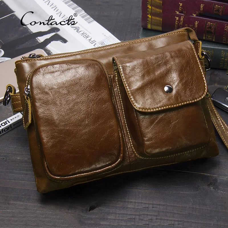 

CONTACT'S Genuine Leather Men Bag Casual Fashion Men Messenger Bags Double Zipper Male Crossbody Man Shoulder Bag Small Bolsas