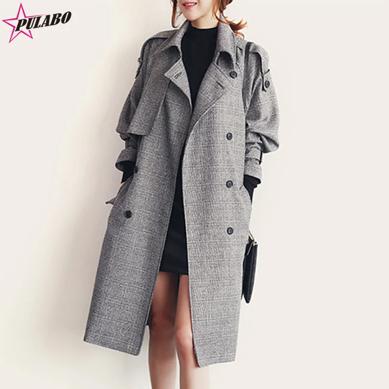 Женское двубортное пальто с длинным рукавом с отложным воротником, тонкое женское серое шерстяное пальто, весенне-осенняя ветрозащитная