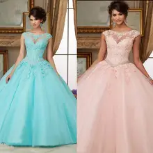 Puffy Peach Cheap Quinceanera Dresses Ball Gown Cap Sleeves Tulle Appliques Lace Crystals Sweet 16 quinceanera Dresses