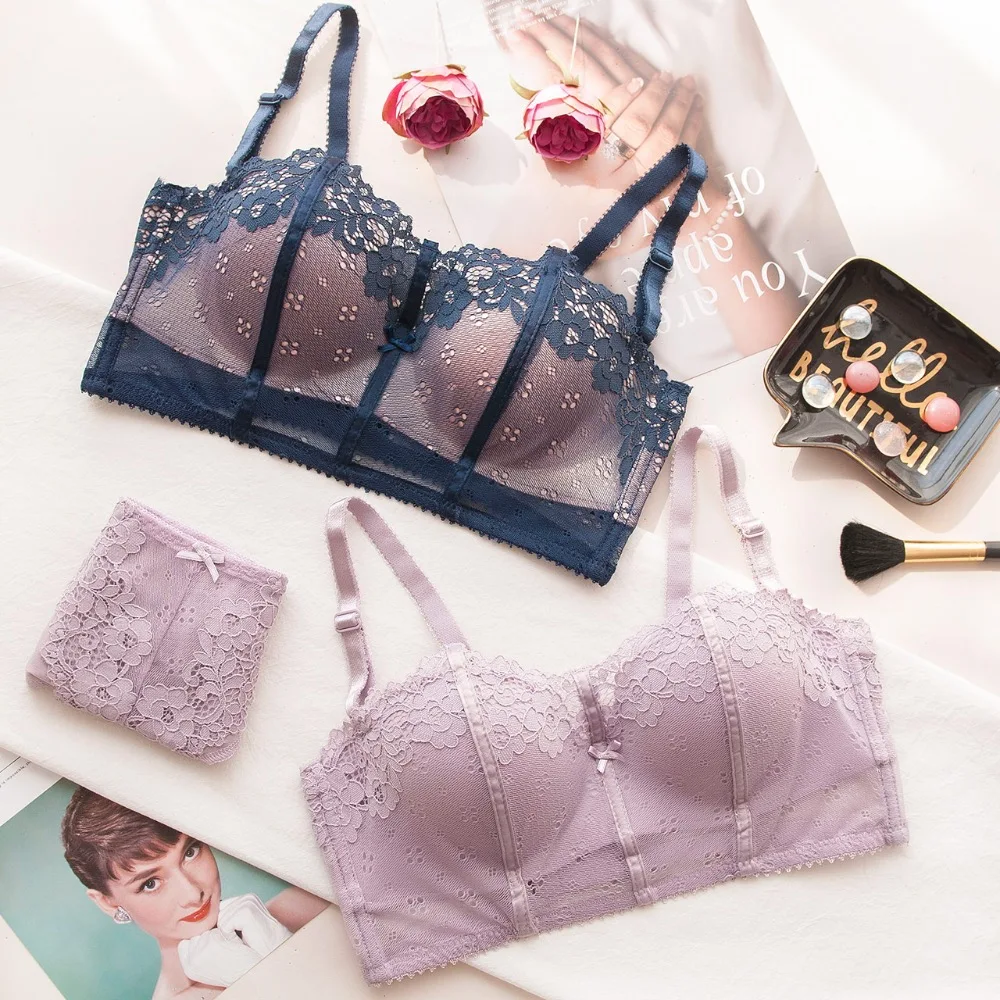

1/2 cup fashion dress girls lace bra and panty set thicken bras transparent panties sexy women intimates push up underwear