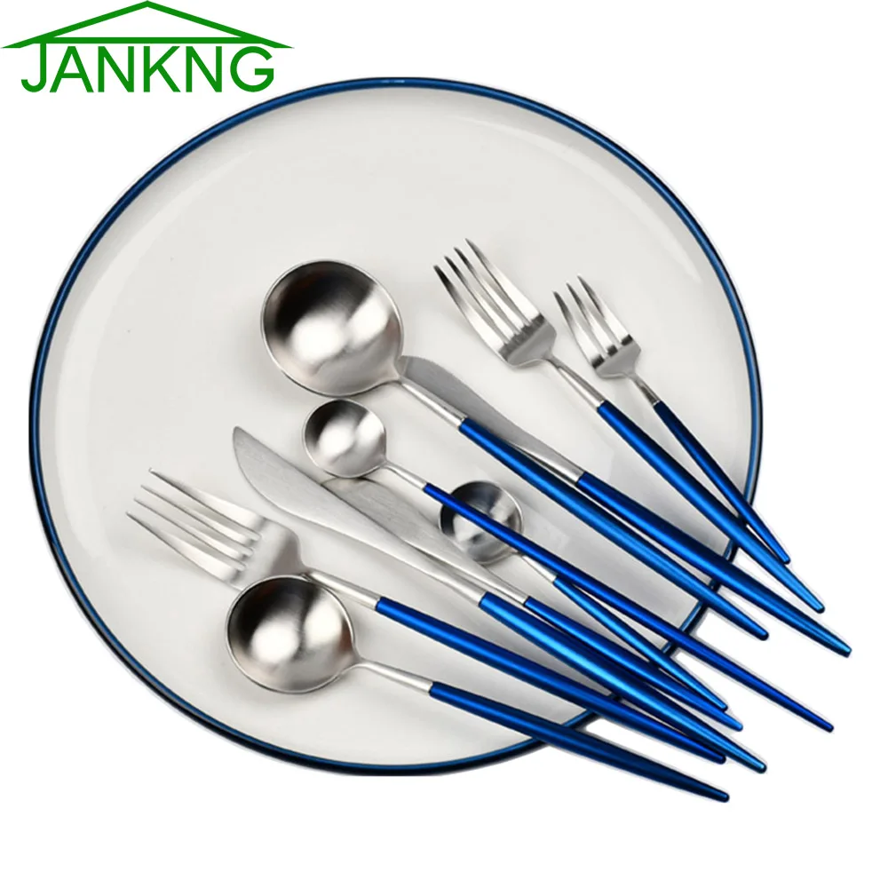 

JANKNG 1-Piece Dinnerware Set Blue Silve Cutlery Set Matte Gold Knife Fork Tableware 18/10 Stainless Steel Western Cutlery Set
