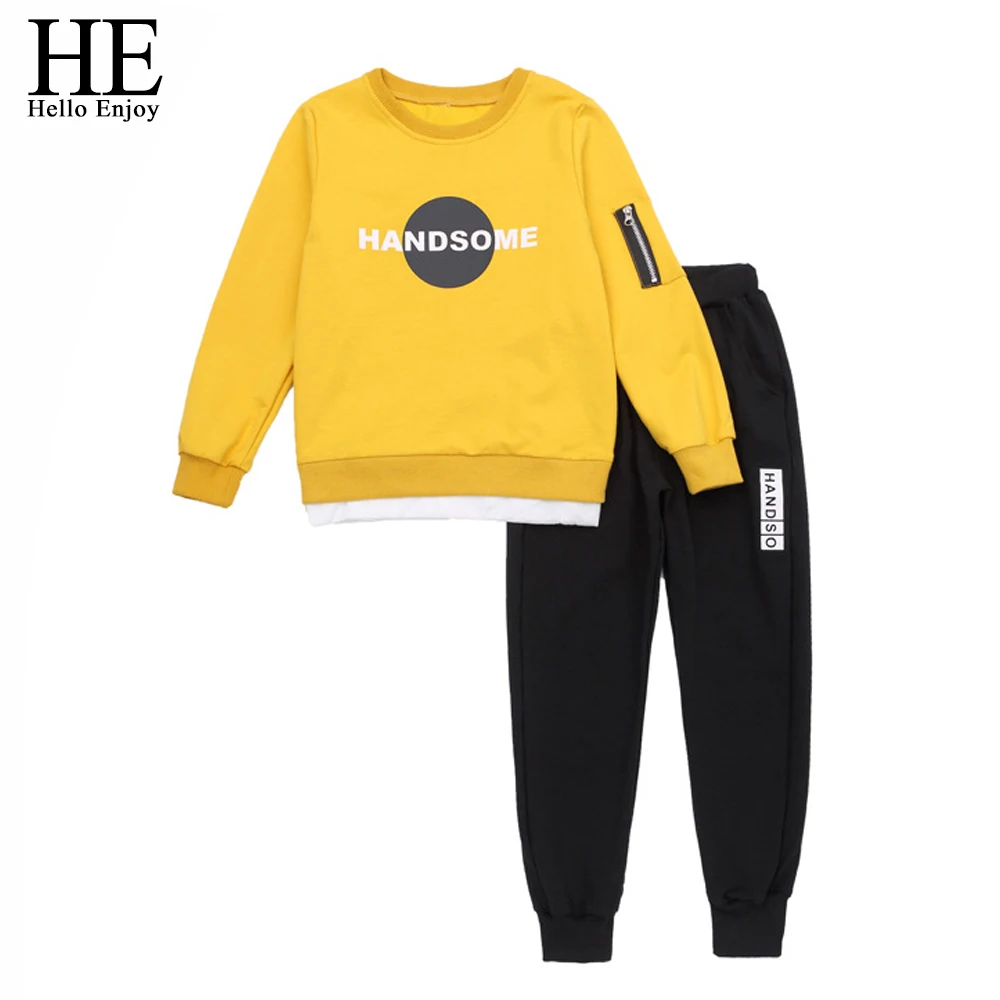 

HE Hello Enjoy Teenage Boys Clothing Sets Sport Suits Long Sleeve Print Letter Tops+Pants Kids 2pcs Tracksuits Children Clothes