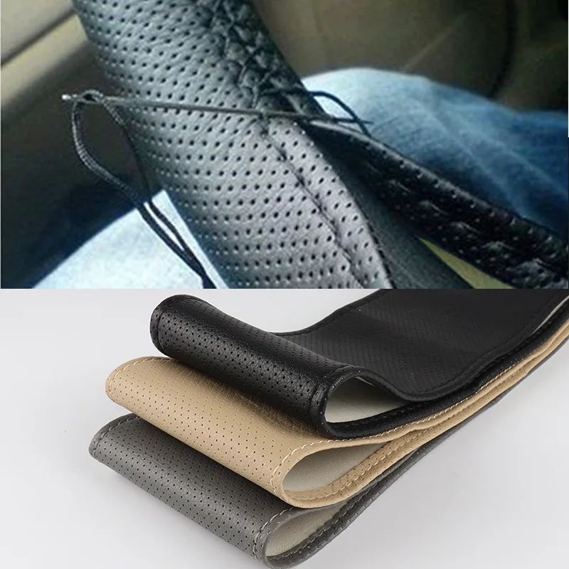 

DIY Steering Wheel Covers 38cm Soft Artificial Leather Car Braid On steering-wheel with Needle and Thread Interior Accessories