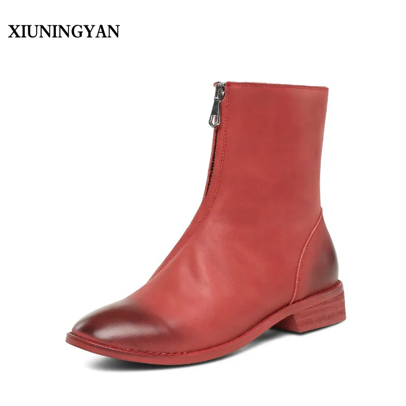 

XIUNINGYAN 2018 Womens Boots Genuine Leather Round Toe Square Heel Women Shoes Winter Outside Zip Black and Wine Red Ankle Boots