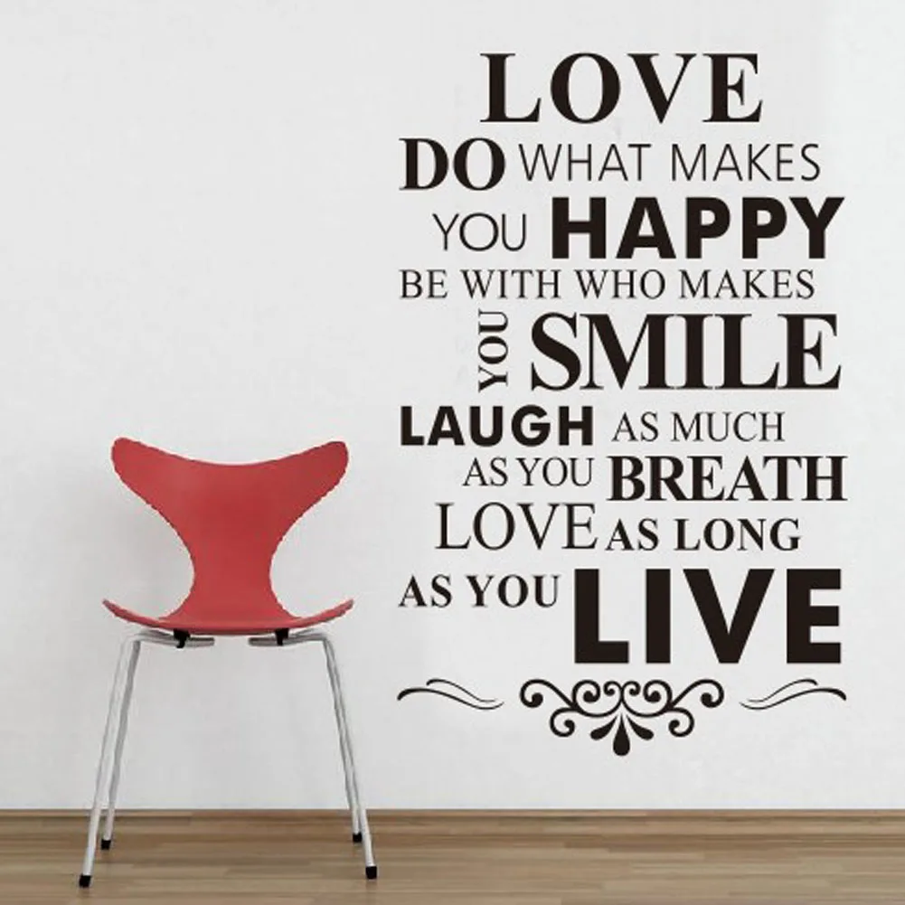 Removable Hitam Putih Kata Cinta Senyum English Kata Wall Sticker