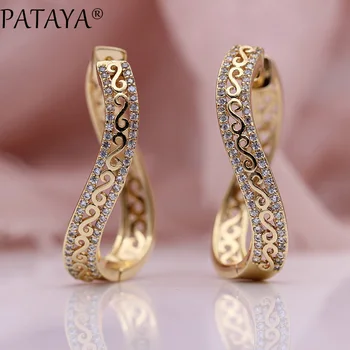 

PATAYA New Unique Wave Big Circle Drop Earrings Women Fashion Jewelry 585 Rose Gold Micro Wax Inlay Natural Zircon Long Earrings