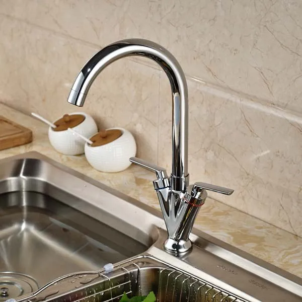 

Two Handles Kitchen Faucet Swivel Spout Vessel Sink Mixer Tap Deck Mounted Chrome Finish