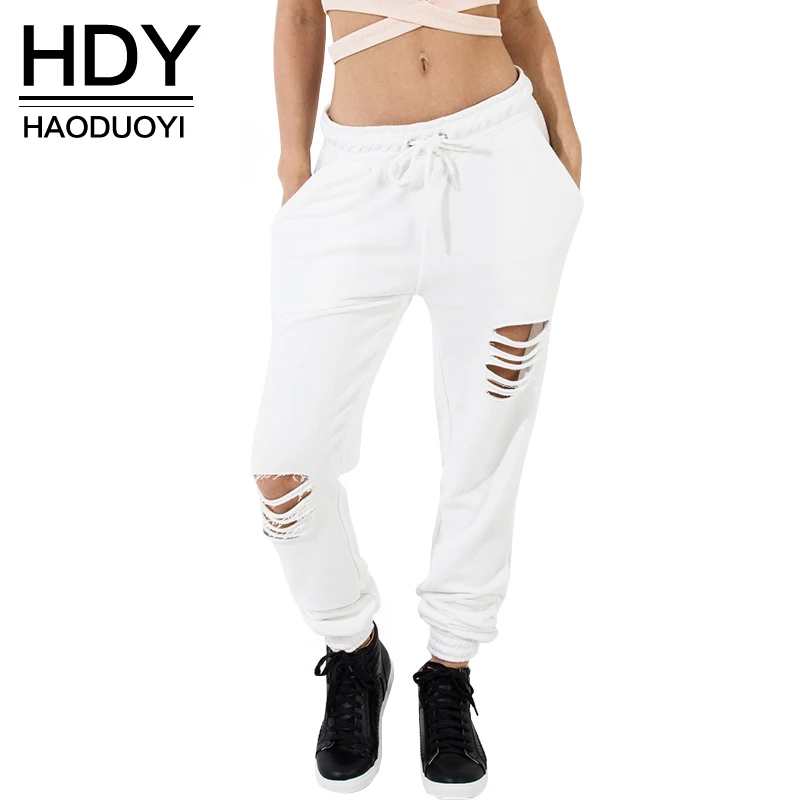 

HDY Haoduoyi Brand Solid White Drastring Ripped Hole Long Pants With Tie Waist Pocket Casual Preppy Style Loose Jogger Pants