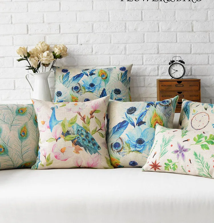 New Linen Pillow Case Cushion Cover Watercolor Flower Painting Feather Peacock Dream Catcher