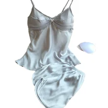 Летние стильные женские пижамы Женский комплект для сна женский Глубокий v-образный вырез сексуальный спагетти ремень шорты пижамы шелковая домашняя одежда