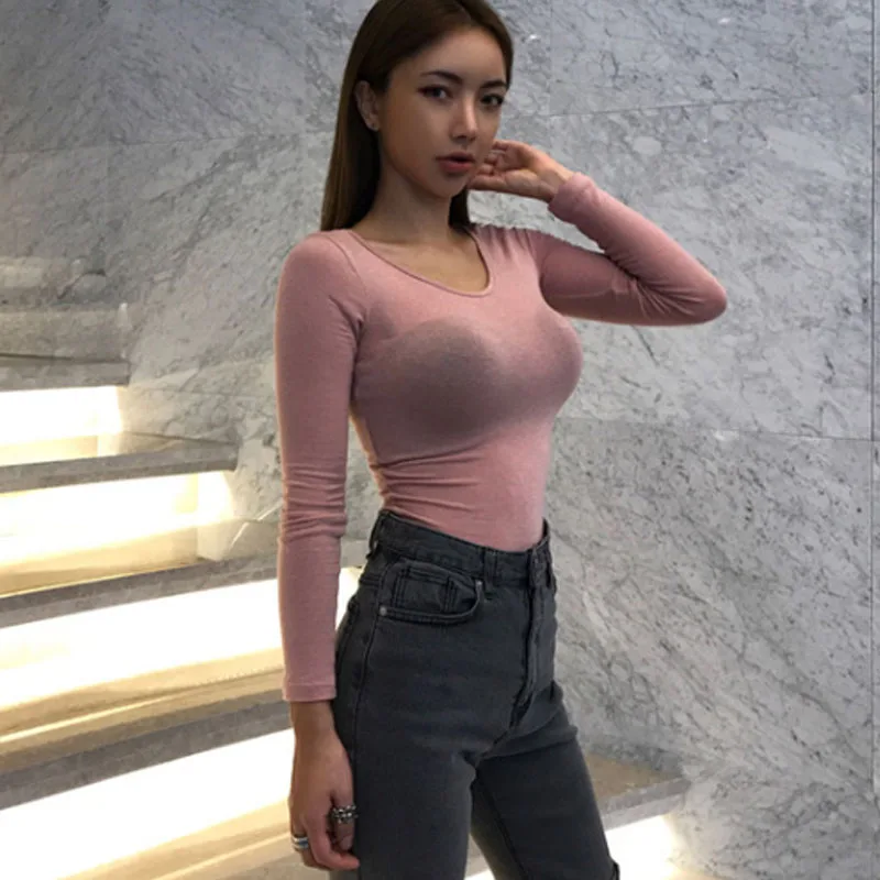 

Women T Shirt Tops Long Sleeve Ladies Rayon U Neck T-Shirt Korea Ladies Sexy Slim Thin Autumn Spring Basic Tshirts Winter Tops
