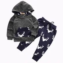 Осень-зима толстовка с капюшоном для новорожденных мальчиков и девочек футболка для малышей с длинными рукавами и рисунком оленя кофта+ штаны леггинсы комплект одежды из 2 предметов