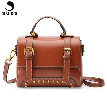 

SUDS Brand Vintage Genuine Leather Bags Women Rivet Large Capacity Flap Handbags High Quality Cow Leather Women Messenger Bags