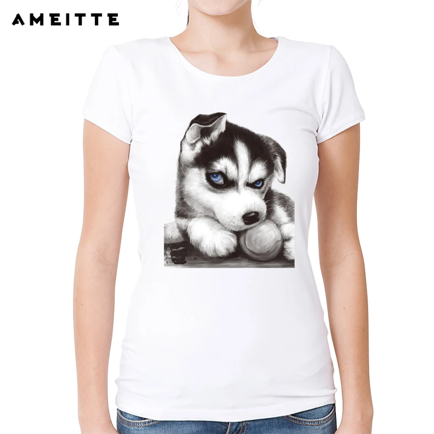 

2019 AMEITTE Cute Siberian Husky T-Shirt Women's/Girl Lovely Puppy Printed T Shirt Summer Slim Female Short Sleeve Tee Tops