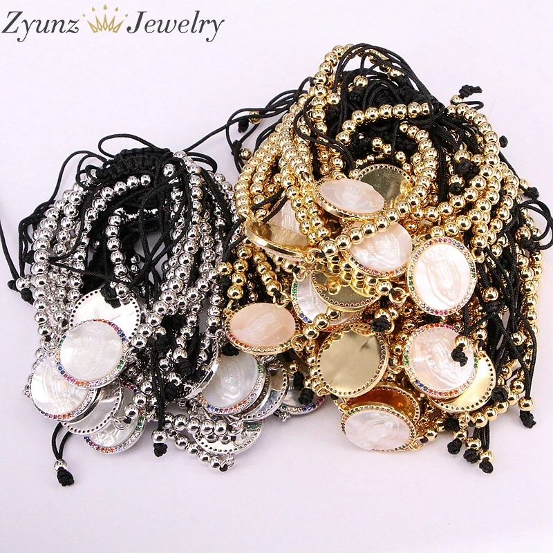 

5PCS, Micro Pave CZ Virgin Maria Mother of Pearl Shell Bracelet Adjustable Link Bracelet Women Jewelry