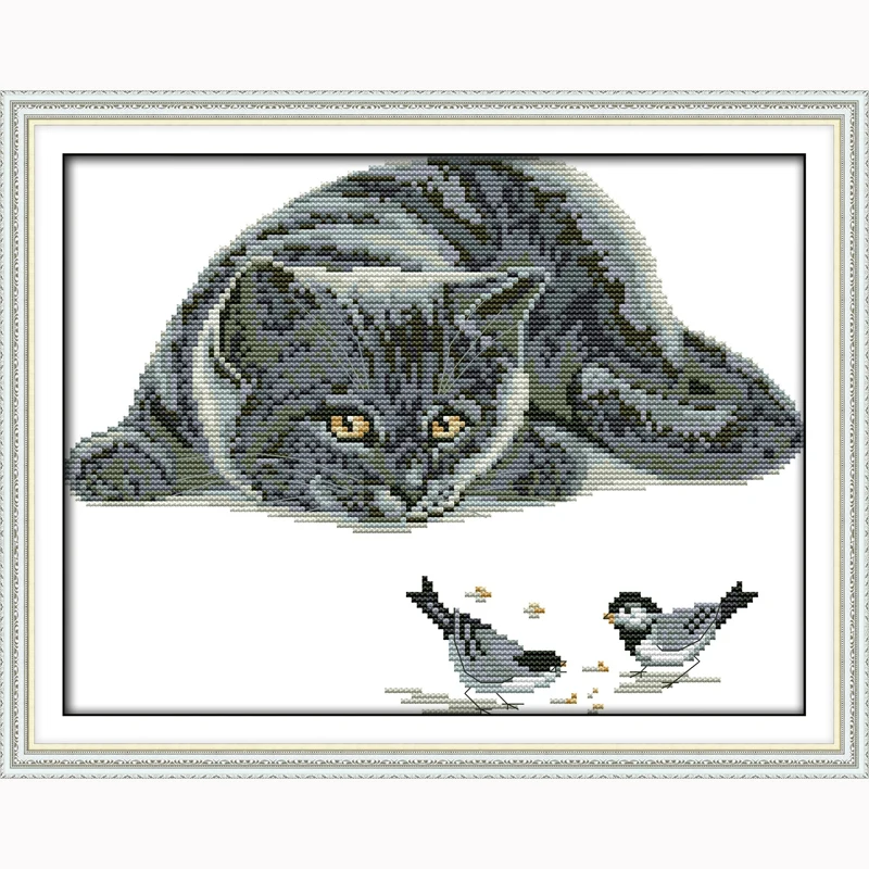 

The curious cat bird counted printed on fabric DMC 14CT 11CT Cross Stitch kits,embroidery needlework Sets,snow Home Decor newest